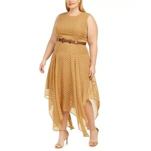 Calvin Klein Brown Polka Dot Belted Sleeveless Handkerchief Maxi Dress Size 24W